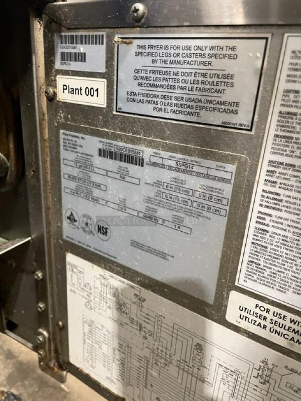 Pitco Solstice Supreme SSPG14 pasta cooker, 12 gal., stainless steel, digital controls, on casters, visible labels and specs.