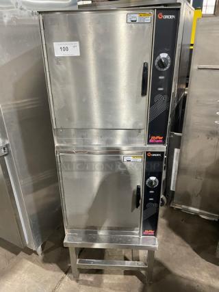 Groen HyPer Steam Series stainless steel double-stacked 5-pan convection steamer, model HY-5E, with open base stand, 480V 3-phase.