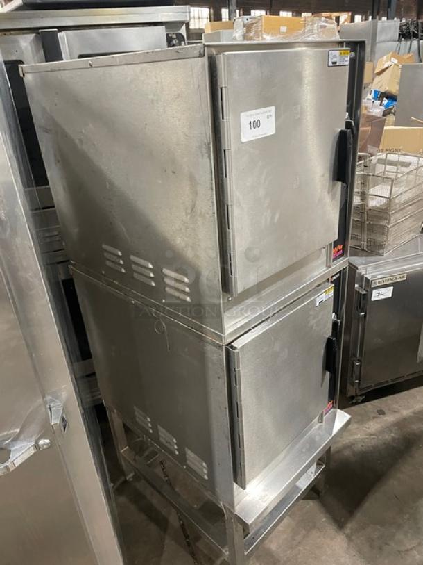 Groen HyPer Steam Series HY5E double stacked 5-pan convection steamer, stainless steel, on open base stand, 480V 3 Phase.