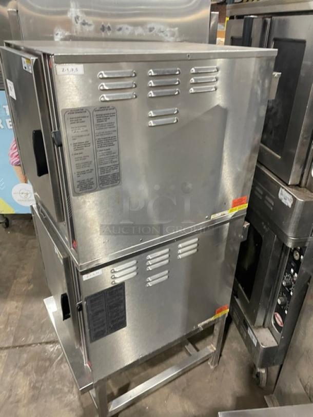 Groen HyPer Steam Series electric double stack 5-pan convection steamer, model HY-5E, with open base stand on legs, 480V 3 phase.