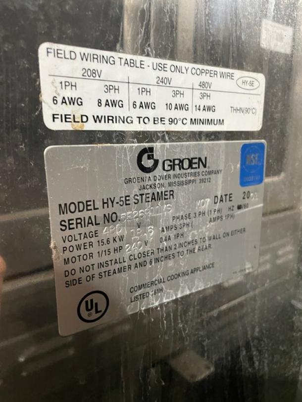 Groen HY-5E Steamer label showing model, serial number, and wiring instructions. Used condition, commercial stainless steel.