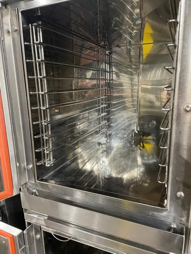 Groen HY5E double stacked convection steamer, stainless steel, open base stand, 5-pan capacity, 480V, 3-phase, SN: 5E26911MS.