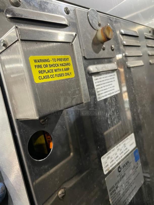 Groen HyPer Steam electric double 5-pan convection steamer, model HY5E, with warning label about fuse replacement.