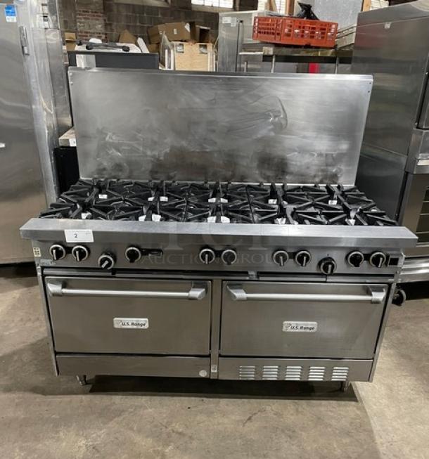 U.S. Range commercial stainless steel 10 burner range with double oven, backsplash, and wired rack. Good condition.