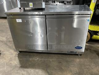 Entree UR61 stainless steel 2-door commercial worktop refrigerator on casters, Energy Star certified, includes poly-coated rack.