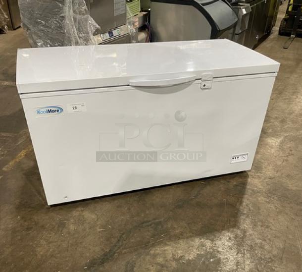 KoolMore Commercial White 60" Chest Freezer, Model SCF-16C, features a poly-coated wired basket, 115V, excellent condition.