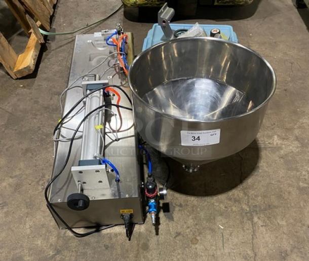 Vevor Commercial Stainless Steel Pneumatic Paste Liquid Filling Machine with hopper and attachments. Electric powered.