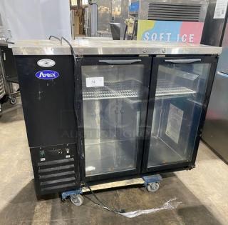 Atosa 2022 black double glass door bar cooler, Model SBB48GGR, with stainless steel worktop and poly-coated rack.