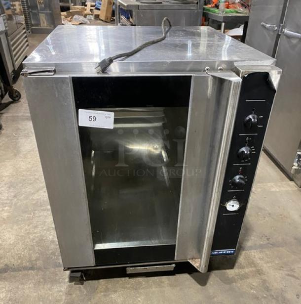 Moffat stainless steel electric convection oven, undercounter design with built-in pan slides, 115-120V, on casters, good condition.