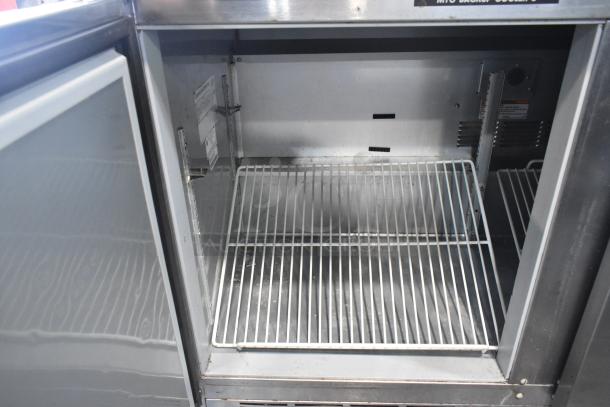 Beverage Air WTR72AY stainless steel 3-door undercounter cooler, interior view, on commercial casters, 115V, 1 phase.