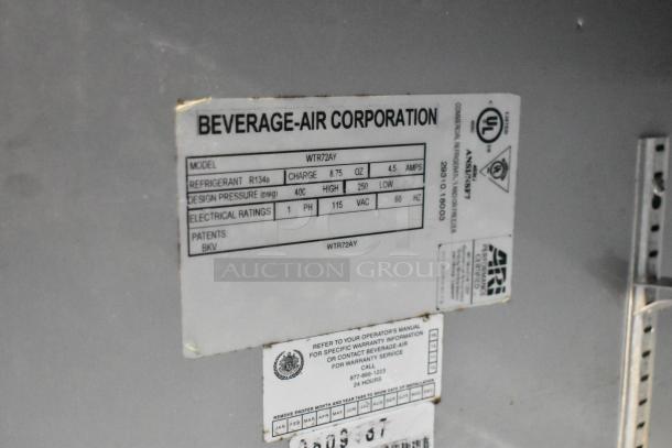 Beverage Air WTR72AY stainless steel 3-door undercounter cooler label, shows model, refrigerant R134a, and electrical specs.