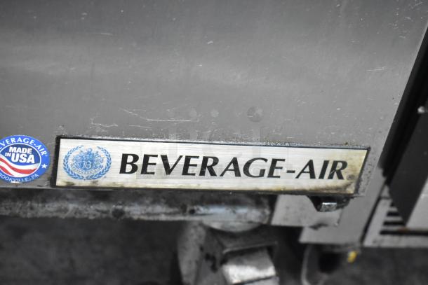 Beverage Air SPE72-30M stainless steel prep table label, showcasing brand with "Made in USA" badge visible.