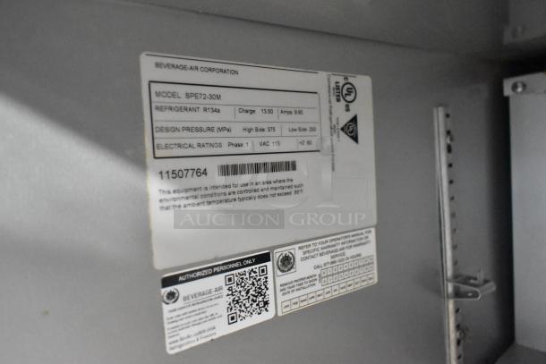 Beverage Air SPE72-30M label showing model, refrigerant R134a, electrical ratings, and usage instructions.
