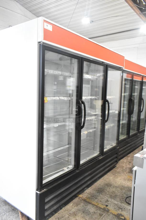 Master-Bilt MBGRP74-HG metal commercial 3-door reach-in cooler with poly-coated racks, 115/208-240V, 1 phase.