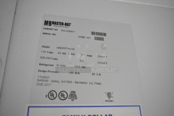Master-Bilt MBGRP74-HG label showing voltage, model, refrigerant type, and safety certifications.