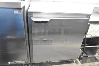 Alt text: Beverage Air UCR27A stainless steel commercial undercounter cooler with single door, on casters, 115V, 1 phase.