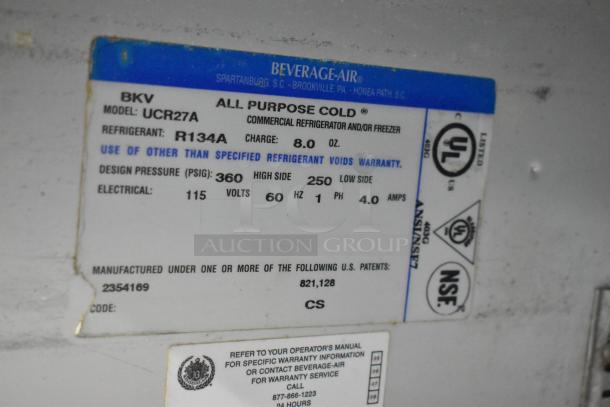 Beverage Air UCR27A label showing model, refrigerant type, 115V, 1 phase electrical, and design pressure details.