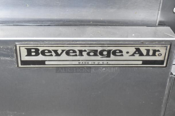 Beverage Air UCR48A stainless steel 2-door undercounter cooler, commercial casters, 115 volts, visible "Made in USA" label.