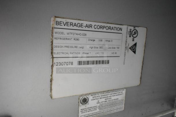 Beverage Air WTF27AHC-028 label showing model, refrigerant R290, electrical ratings, and UL certification.