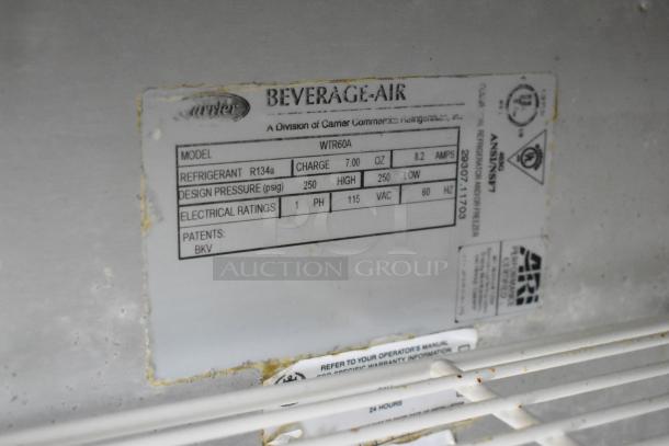 Beverage Air WTR60A undercounter cooler label displaying model, refrigerant type, design pressure, and electrical ratings.