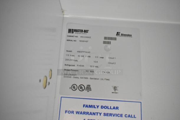 Label on Master-Bilt MBGRP74-HG cooler showing model, voltage details, and refrigerant type.