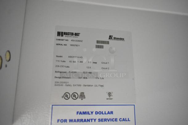 Master-Bilt MBGRP74-HG label showing model, voltage, refrigerant, and safety certifications for 3-door cooler.