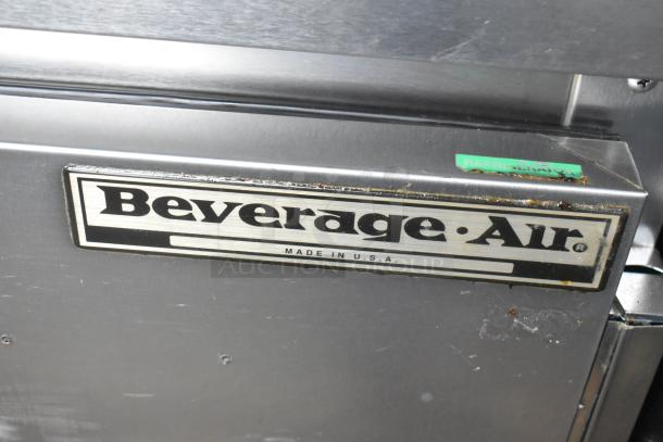 Beverage Air WTR60A stainless steel 3-door undercounter cooler with commercial casters, 115 volts, 1 phase, visible logo.
