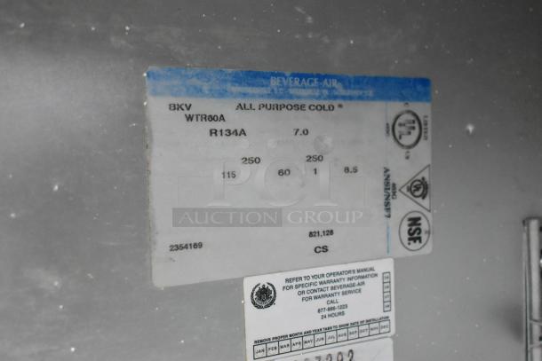 Beverage Air WTR60A stainless steel cooler label showing model, voltage, certifications, and service contact information.