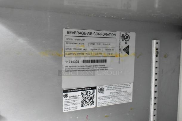 Beverage Air SPE60-24M label, details specs like refrigerant R134a, electric rating 115V 1 Phase. For commercial use.