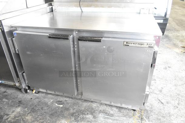 Beverage Air UCR48A stainless steel 2-door undercounter cooler on casters, 115V, 1 phase. Visible brand label on the door.