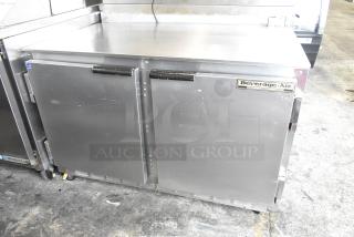 Beverage Air UCR48A stainless steel 2-door undercounter cooler on casters, 115V, 1 phase. Visible brand label on the door.