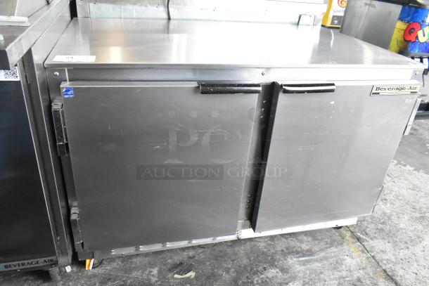 Beverage Air UCR48A stainless steel 2-door undercounter cooler on casters, 115V, with visible brand label.