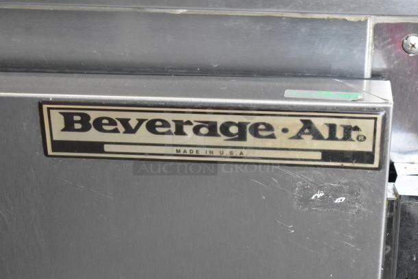Beverage Air UCR48A stainless steel 2-door undercounter cooler, commercial casters, 115V, 1 phase, label shows "Made in USA."