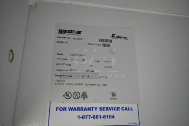 Master-Bilt MBGRP74-HG Cooler label showing model, voltage requirements, refrigerant details, and warranty contact.