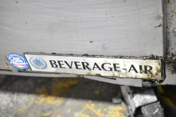 Beverage Air SPE48-18M-HMP stainless steel prep table label, showing brand and "Made in USA" marking.