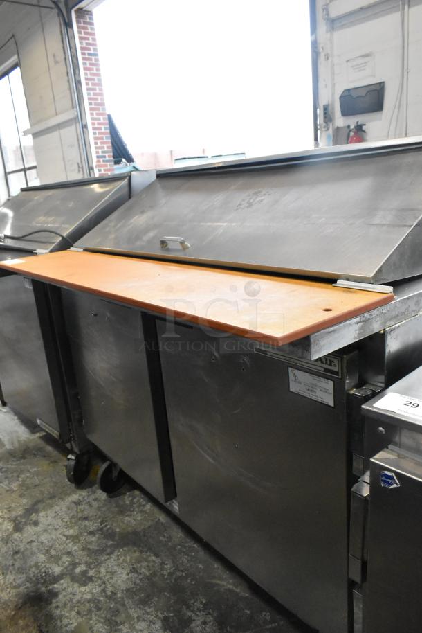 Beverage Air stainless steel sandwich prep table with bain marie top, on casters. 115V, 1 phase, commercial kitchen use.