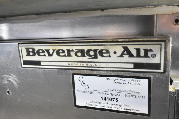 Beverage Air stainless steel commercial prep table with Bain Marie feature, on casters. Made in USA label visible.