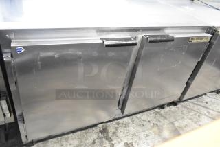 Beverage Air UCR48A stainless steel undercounter cooler with two doors, commercial casters. 115 volts, 1 phase, visible brand label.