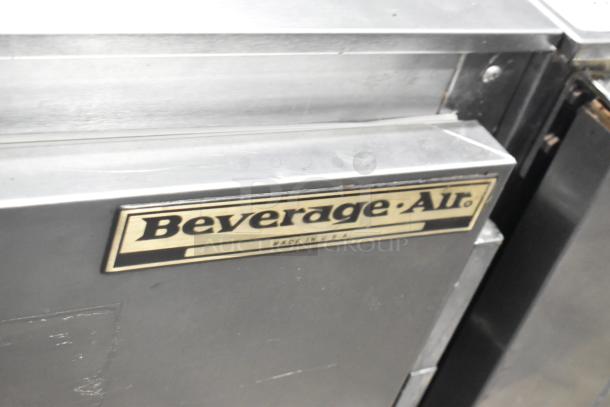 Beverage Air UCR48A stainless steel 2-door undercounter cooler, commercial casters, 115V. Brand label visible.
