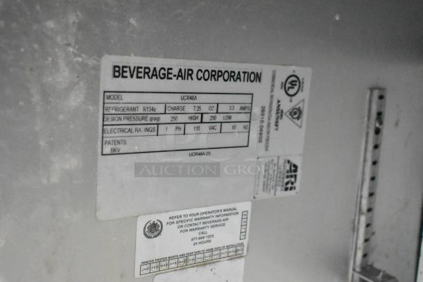 Beverage Air UCR48A stainless steel 2-door undercounter cooler label, 115V, 1 phase, model details visible.