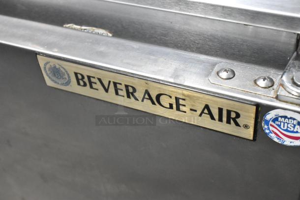 Beverage Air UCR48A-23-HMP stainless steel undercounter cooler, two doors, on casters, "Made in USA" label.