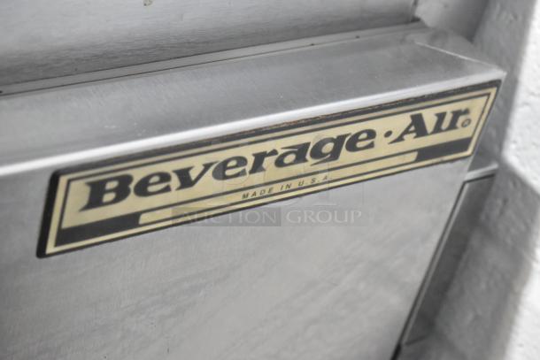 Beverage Air UCR48A stainless steel undercounter cooler, commercial casters, 2 doors, 115 volts, label "Made in USA".