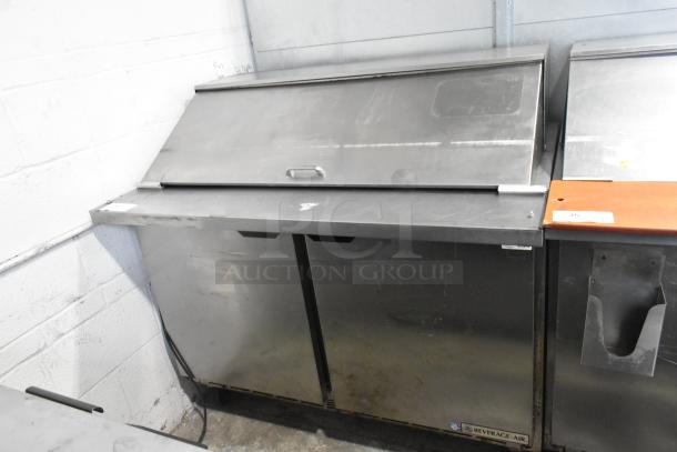 Beverage Air SPE48-18M-HMP stainless steel sandwich prep table, bain marie top, on commercial casters, 115V, 1 phase.