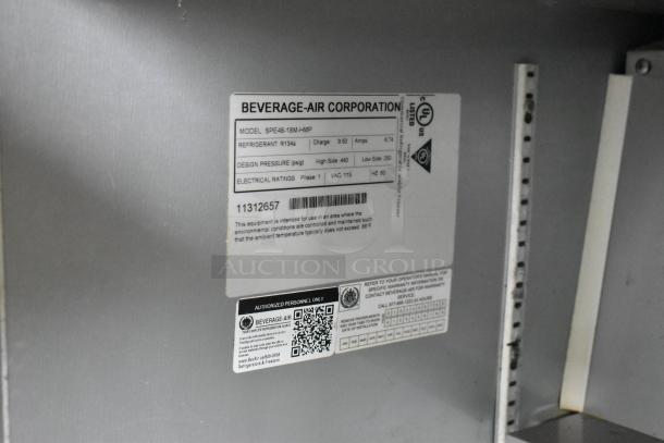 Beverage Air SPE48-18M-HMP label showing model, refrigerant, design pressure, and electrical ratings.