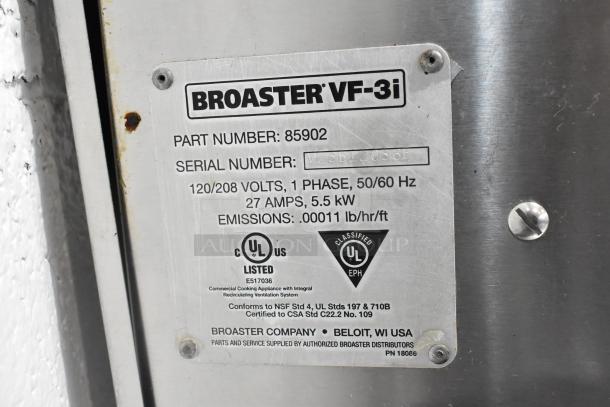 Broaster VF-3i stainless steel commercial ventless fryer plaque, showing model, voltage, and UL certification details.