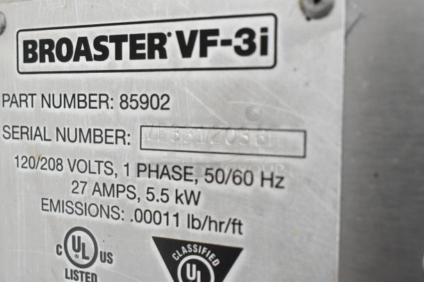 Broaster VF-3i ventless fryer label, showing part number 85902, serial number, and specifications like 120/208 volts, 1 phase.
