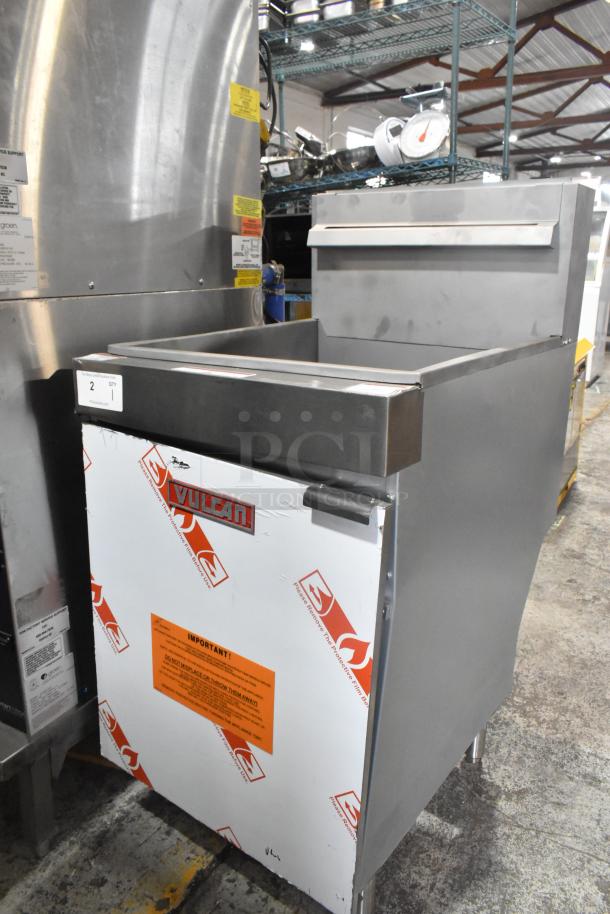 Brand new Vulcan LG500-1 stainless steel floor-style deep fat fryer, 150,000 BTU, natural gas, with metal fry basket.