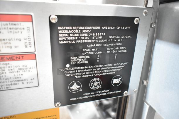 Plaque on Vulcan LG500-1 fryer showing model and specs: 150,000 BTU, natural gas, NSF certified, made in China.
