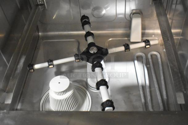 Brand new 2023 Noble 495HTGW22 stainless steel commercial undercounter dishwasher, scratch and dent, inside view.