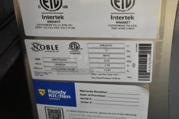 BRAND NEW scratch and dent 2023 Noble 495HTGW22 dishwasher, stainless steel, 208-240V, 1 phase, commercial grade.